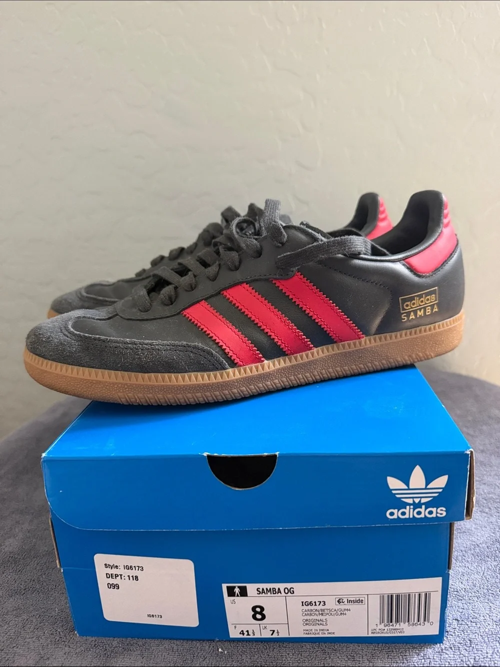 Adidas Samba OG Carbon / Better Scarlet Gum Sole - Size US Men's 8 (Women's 9.5)